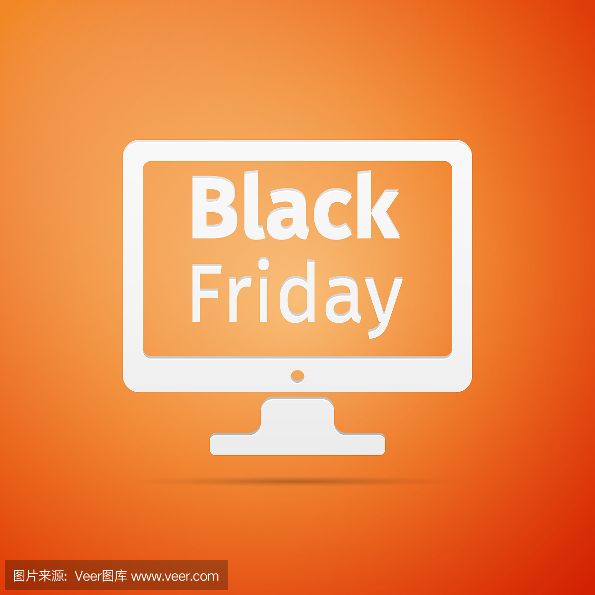 显示器与黑色星期五销售屏幕上的平面图标在橙色的背景。矢量图